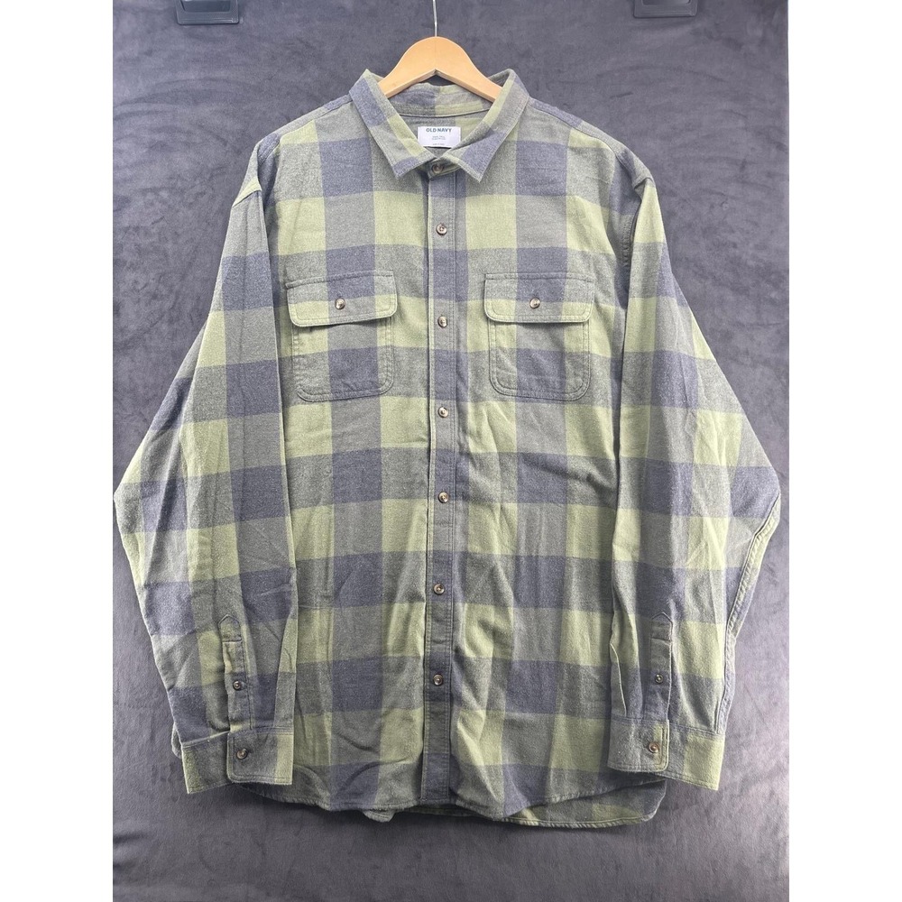 Old Navy Mens XXXL Tall Flannel Shirt Green Gray Buffalo Plaid Double Brushed NW